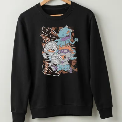 Cartoon of terrified babies running from a blue monster in bright colors — printed on a unisex sweatshirt