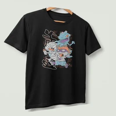 Cartoon of terrified babies running from a blue monster in bright colors — printed on a unisex t-shirt (angled view)