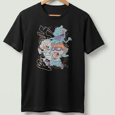 Cartoon of terrified babies running from a blue monster in bright colors — printed on a unisex t-shirt