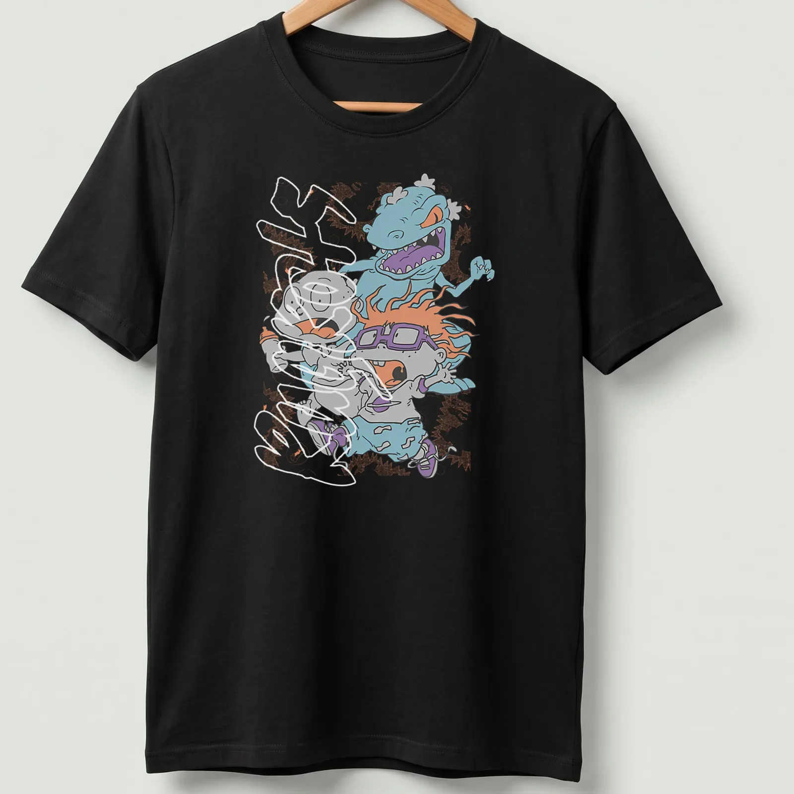 Cartoon of terrified babies running from a blue monster in bright colors — printed on a unisex t-shirt