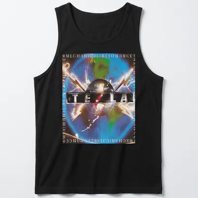 Vibrant graphic featuring Tesla logo with electric sparks in multiple colors — printed on a tank top