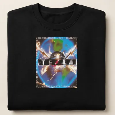 Vibrant graphic featuring Tesla logo with electric sparks in multiple colors — printed on a unisex sweatshirt
