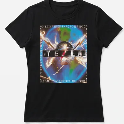 Vibrant graphic featuring Tesla logo with electric sparks in multiple colors — printed on a women's shirt
