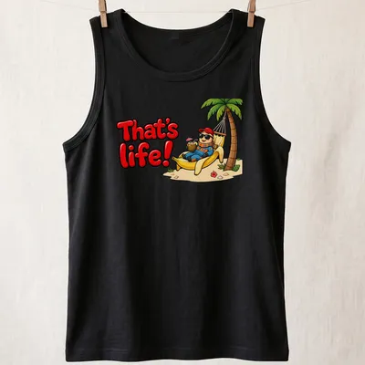 Cartoon of a relaxed worm in a banana hammock with the text 'That's life!' — printed on a tank top