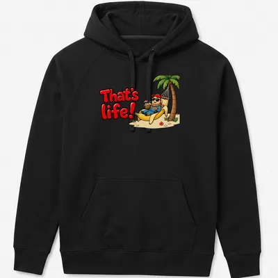 Cartoon of a relaxed worm in a banana hammock with the text 'That's life!' — printed on a unisex hoodie