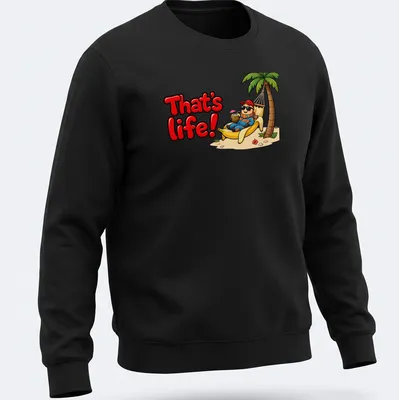 Cartoon of a relaxed worm in a banana hammock with the text 'That's life!' — printed on a unisex sweatshirt