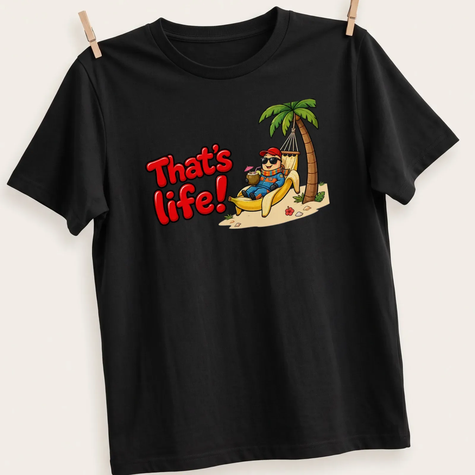 Cartoon of a relaxed worm in a banana hammock with the text 'That's life!' — printed on a unisex t-shirt