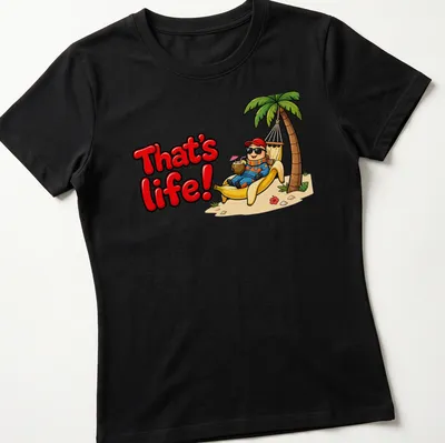 Cartoon of a relaxed worm in a banana hammock with the text 'That's life!' — printed on a women's shirt