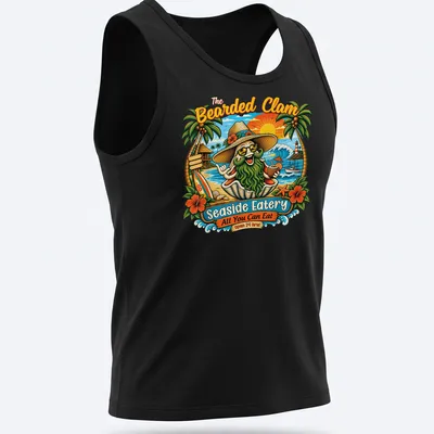 Vibrant tropical print of a bearded clam character with text about the eatery — printed on a tank top