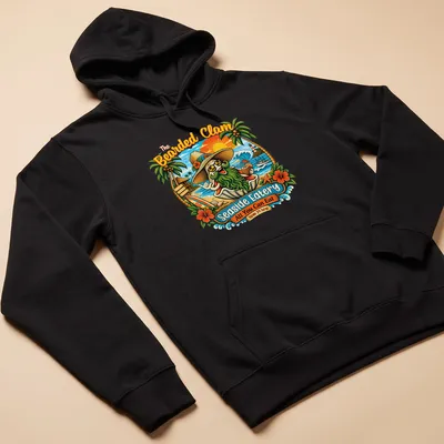 Vibrant tropical print of a bearded clam character with text about the eatery — printed on a unisex hoodie