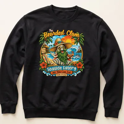 Vibrant tropical print of a bearded clam character with text about the eatery — printed on a unisex sweatshirt
