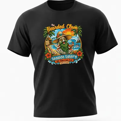 Vibrant tropical print of a bearded clam character with text about the eatery