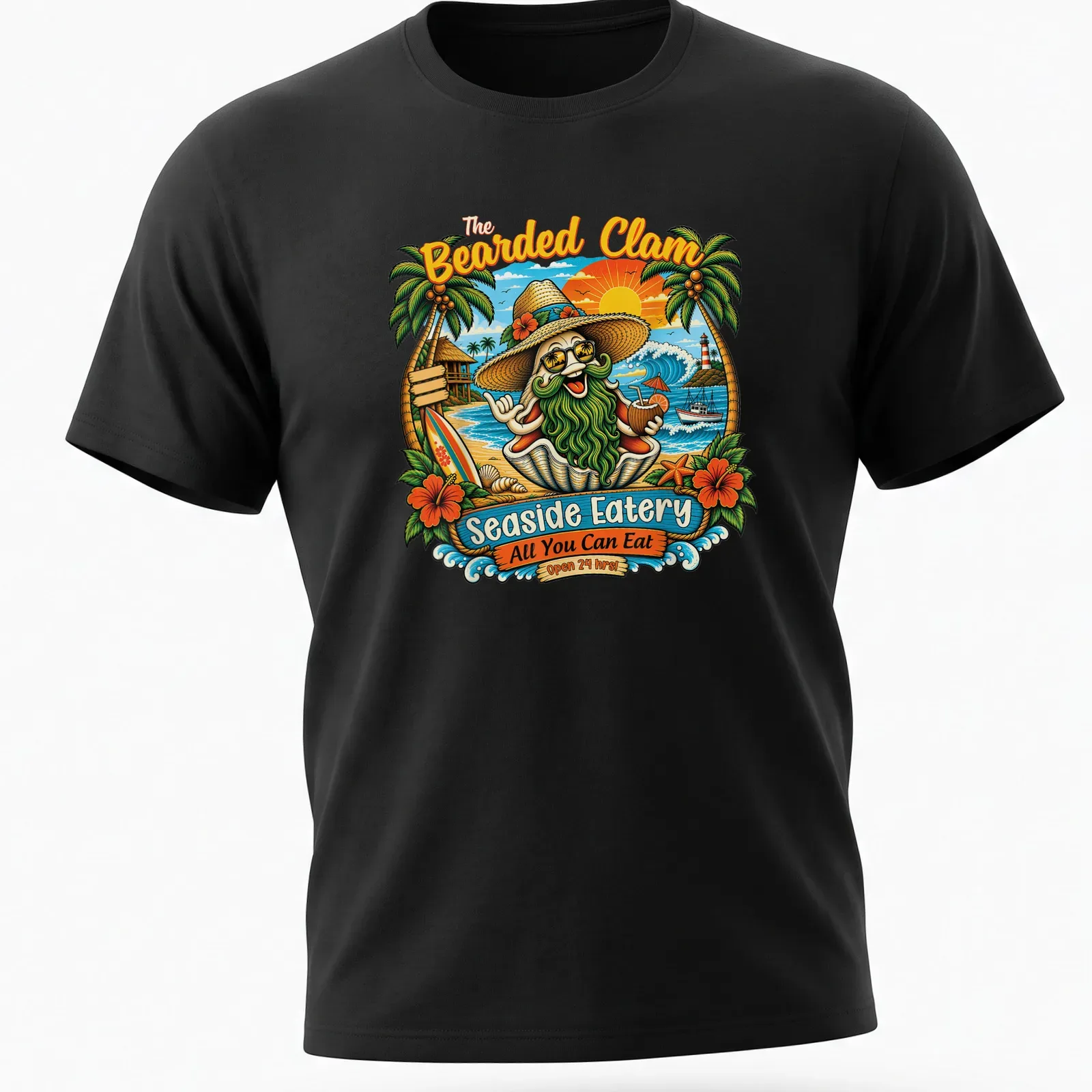 Vibrant tropical print of a bearded clam character with text about the eatery — printed on a unisex t-shirt