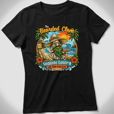 Vibrant tropical print of a bearded clam character with text about the eatery — printed on a women's shirt