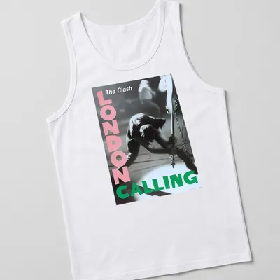 Vintage concert poster style t-shirt featuring The Clash guitarist in pink, green, black and white — printed on a tank top