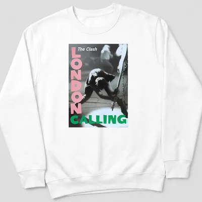 Vintage concert poster style t-shirt featuring The Clash guitarist in pink, green, black and white — printed on a unisex sweatshirt