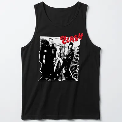 The Clash band name in bold black and white graphic with red accents — printed on a tank top