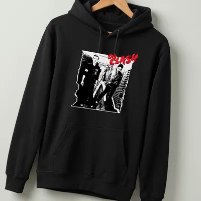 The Clash band name in bold black and white graphic with red accents — printed on a unisex hoodie