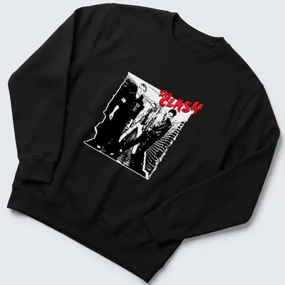 The Clash band name in bold black and white graphic with red accents — printed on a unisex sweatshirt