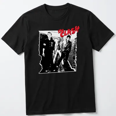 The Clash band name in bold black and white graphic with red accents — printed on a unisex t-shirt