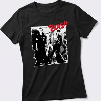 The Clash band name in bold black and white graphic with red accents — printed on a women's shirt
