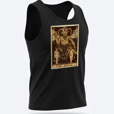 Vintage distressed t-shirt featuring The Devil tarot card design with bold text. — printed on a tank top