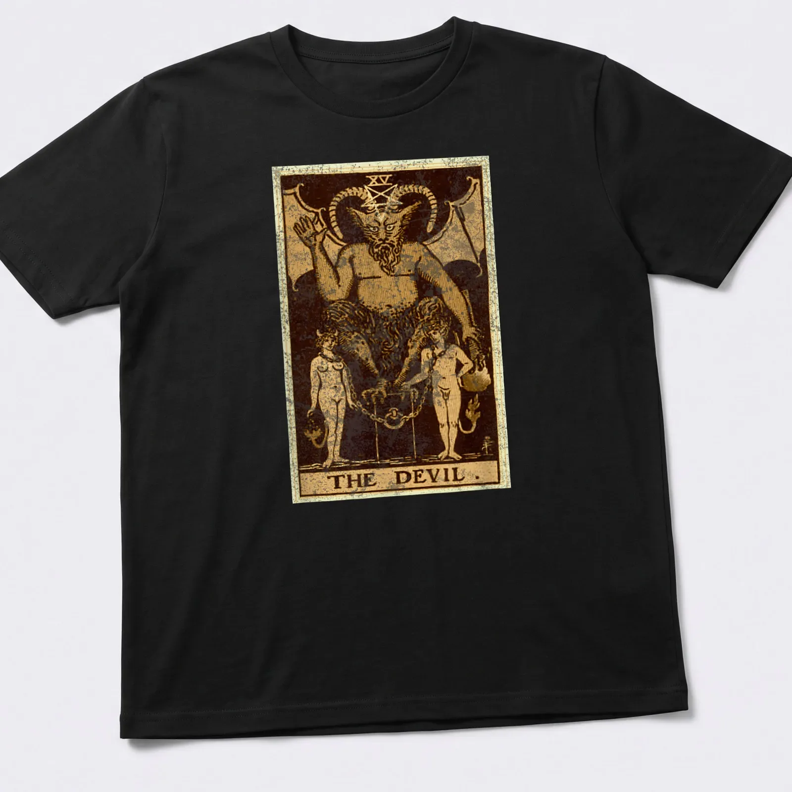 Vintage distressed t-shirt featuring The Devil tarot card design with bold text. — printed on a unisex t-shirt