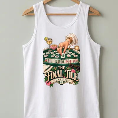 Vibrant Mahjong game design with hands playing tiles in a mix of colors — printed on a tank top
