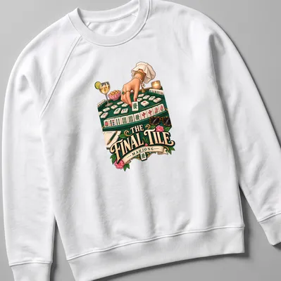 Vibrant Mahjong game design with hands playing tiles in a mix of colors — printed on a unisex sweatshirt