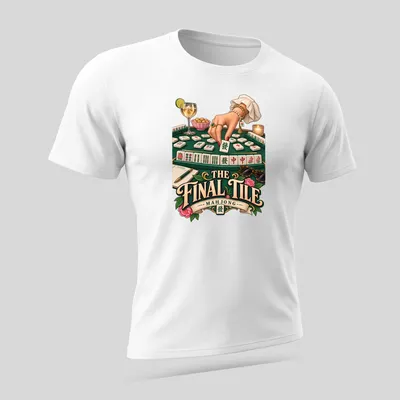 Vibrant Mahjong game design with hands playing tiles in a mix of colors — printed on a unisex t-shirt (angled view)