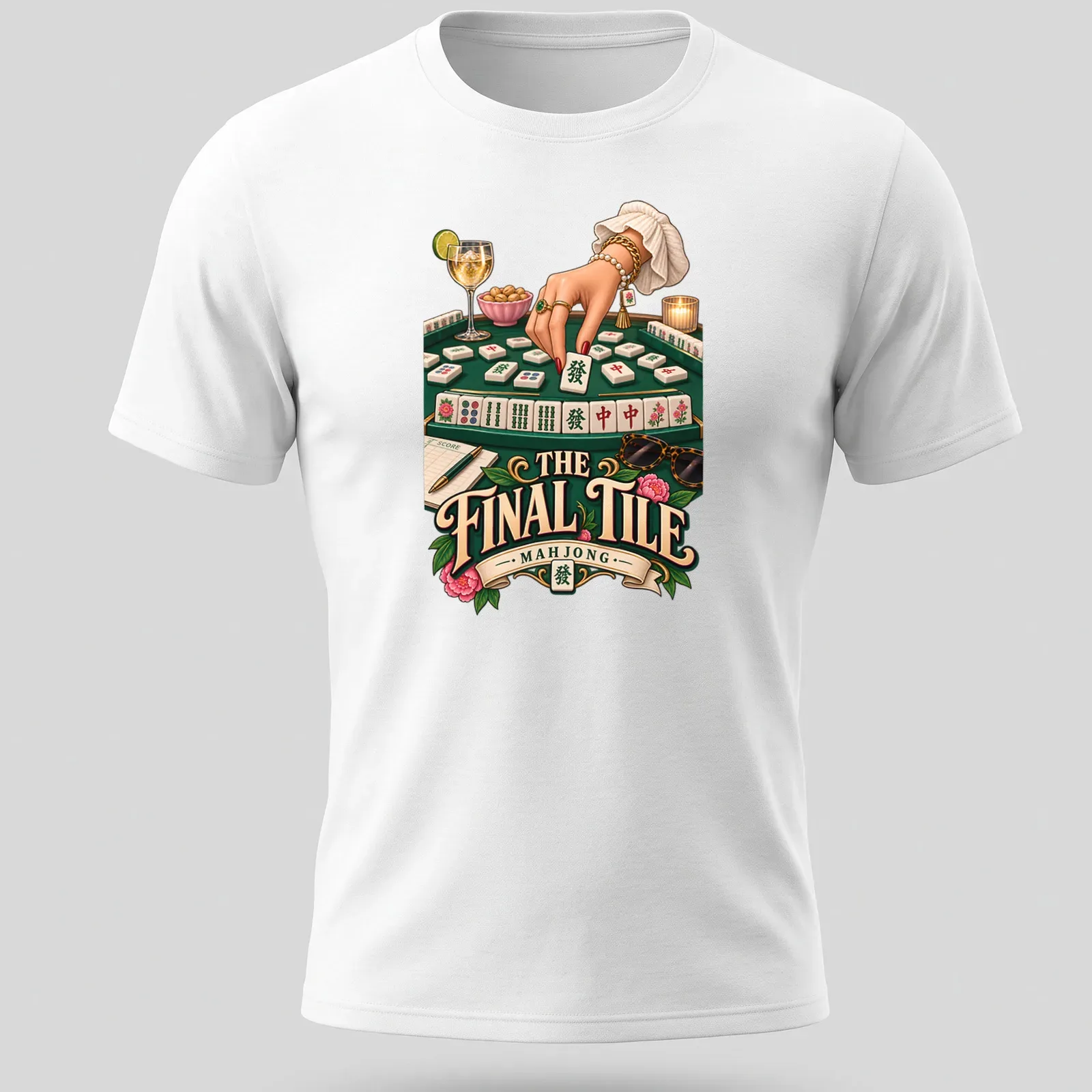 Vibrant Mahjong game design with hands playing tiles in a mix of colors — printed on a unisex t-shirt