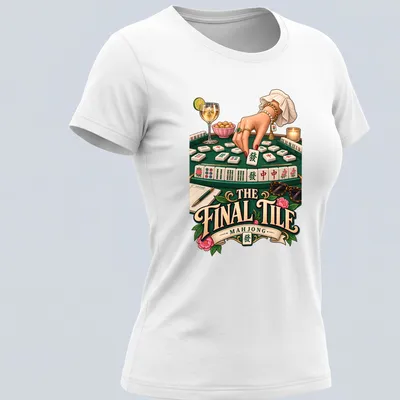 Vibrant Mahjong game design with hands playing tiles in a mix of colors — printed on a women's shirt