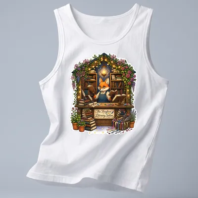 Whimsical illustration of a fox in a bookshop with colorful books around it. — printed on a tank top