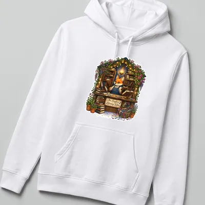 Whimsical illustration of a fox in a bookshop with colorful books around it. — printed on a unisex hoodie