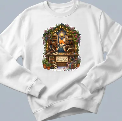 Whimsical illustration of a fox in a bookshop with colorful books around it. — printed on a unisex sweatshirt