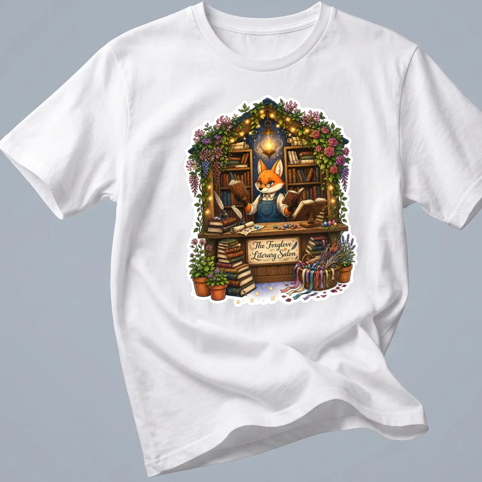 Whimsical illustration of a fox in a bookshop with colorful books around it. — printed on a unisex t-shirt