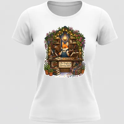 Whimsical illustration of a fox in a bookshop with colorful books around it. — printed on a women's shirt