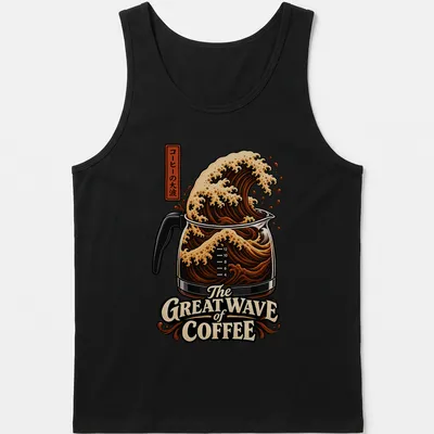 Illustration of a coffee wave flowing from a pot with Japanese characters — printed on a tank top