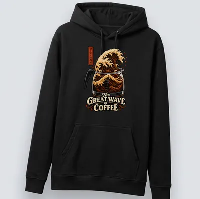 Illustration of a coffee wave flowing from a pot with Japanese characters — printed on a unisex hoodie