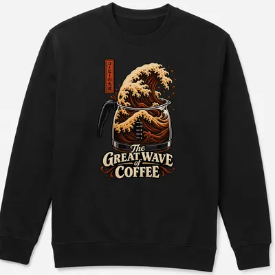 Illustration of a coffee wave flowing from a pot with Japanese characters — printed on a unisex sweatshirt
