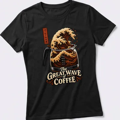Illustration of a coffee wave flowing from a pot with Japanese characters — printed on a women's shirt