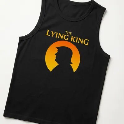 Minimalist silhouette of a man with text 'THE LYING KING' in orange and yellow — printed on a tank top