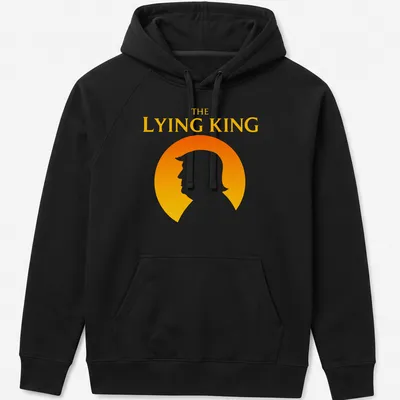 Minimalist silhouette of a man with text 'THE LYING KING' in orange and yellow — printed on a unisex hoodie