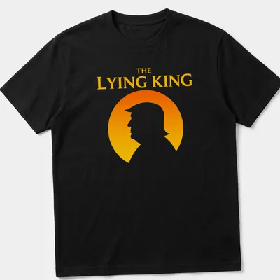 Minimalist silhouette of a man with text 'THE LYING KING' in orange and yellow