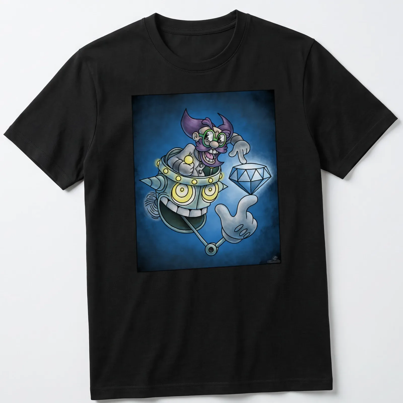 Cartoon mad scientist Dr. Khal in vibrant colors with humorous text. — printed on a unisex t-shirt