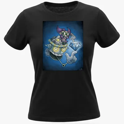 Cartoon mad scientist Dr. Khal in vibrant colors with humorous text. — printed on a women's shirt