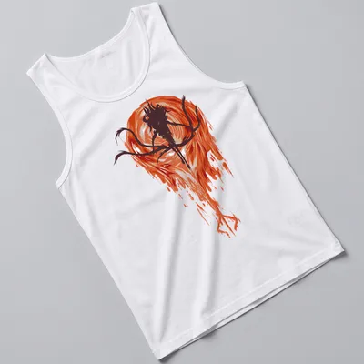 Abstract horror character in dark tones with red and orange accents — printed on a tank top