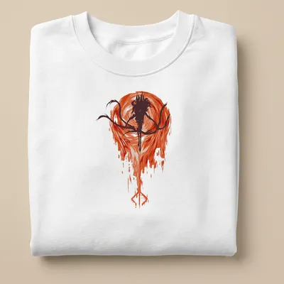 Abstract horror character in dark tones with red and orange accents — printed on a unisex sweatshirt