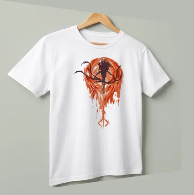 Abstract horror character in dark tones with red and orange accents — printed on a unisex t-shirt (angled view)