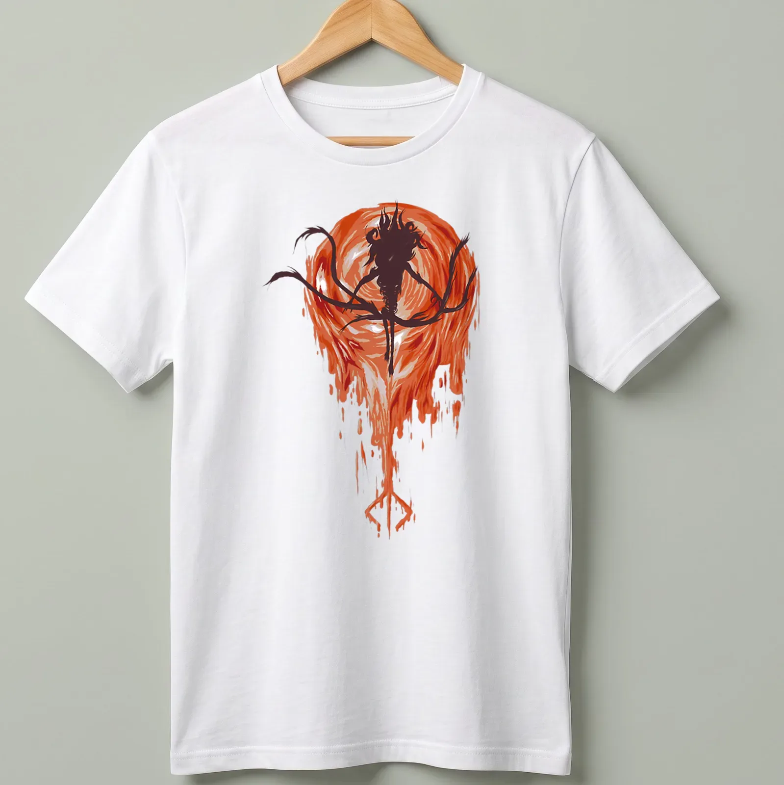 Abstract horror character in dark tones with red and orange accents — printed on a unisex t-shirt